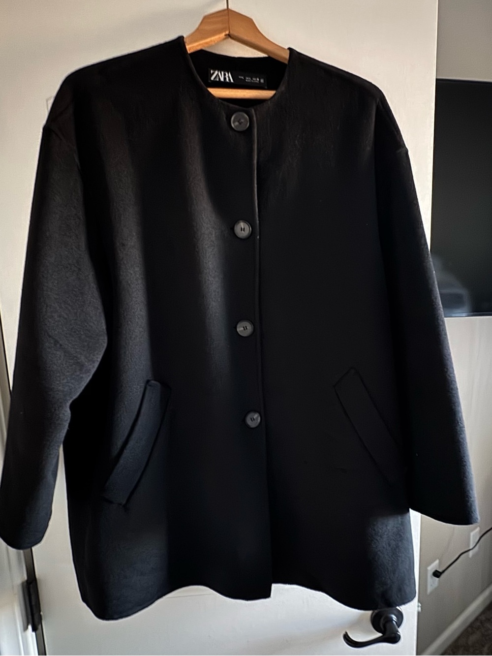 Zara Black Collarless Button-Front Peacoat